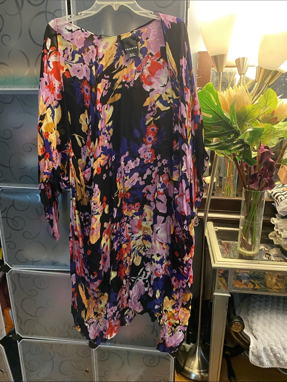 Trouve Black Floral Long Sleeve Midi Cardigan with Multicolor Print